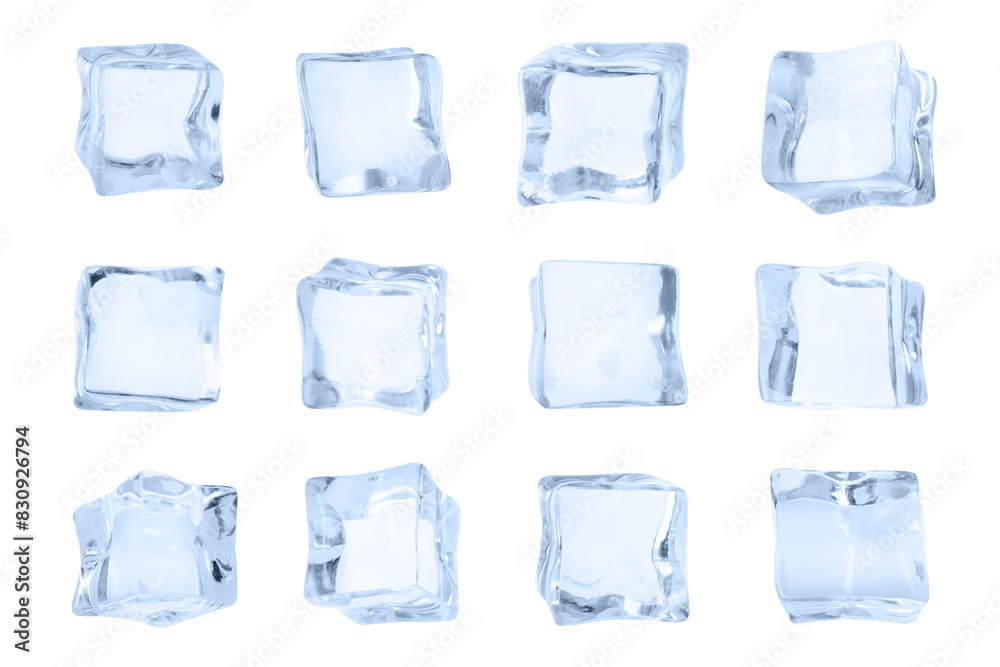 Crystal clear ice cubes isolated on white, set Crystal clear ice cubes isolated on white, set
