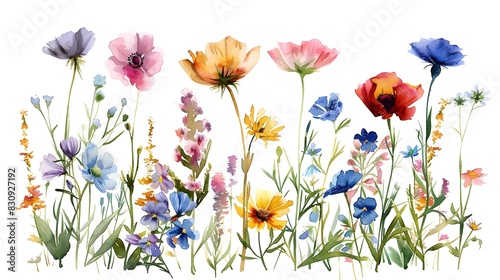 Vibrant Floral Bouquet in Watercolor Style Painting of Colorful Spring and Summer Wildflowers © prasong.
