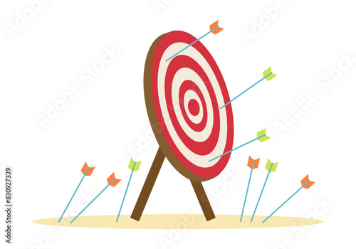 Arrows missed hitting target on white background. Multiple fail inaccurate attempt hit archery goal vector illustration. Concept of business strategy and challenge failure.