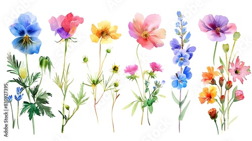 Vibrant Floral Collection Watercolor Painting of Colorful Flowers in Springtime Scenery