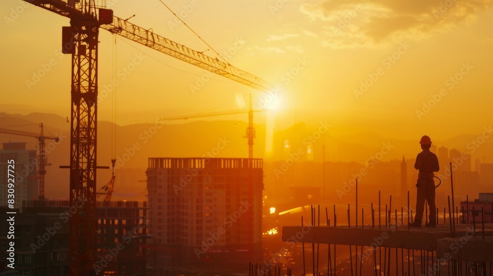Construction site under sunset