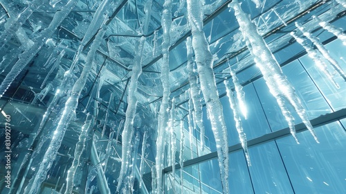 Icicles dangle from a glass structure photo
