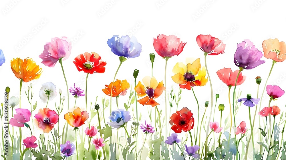 Fototapeta premium Vibrant Floral Meadow with Colorful Blooming Wildflowers in Springtime Landscape