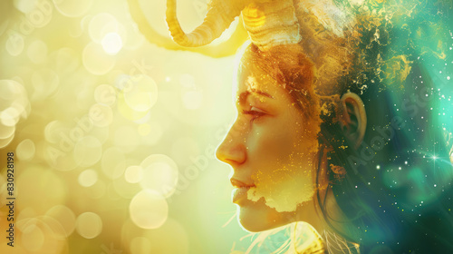 Woman in the image of a zodiac sign Capricorn on blurred background