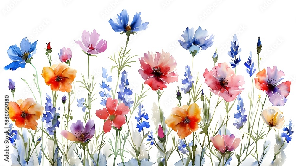 Vibrant Watercolor Blooms Adorning a Peaceful White Canvas