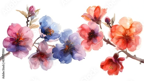 Vibrant Watercolor Blooms in Ethereal Floral Arrangement on Minimalist White Background