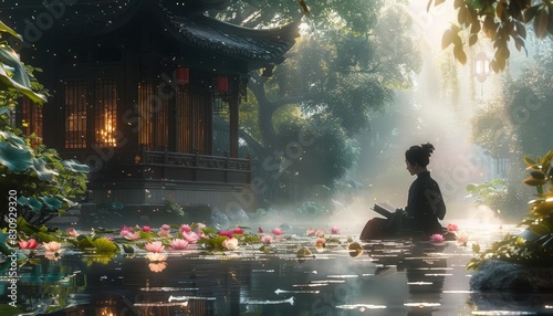 A serene morning in a Chinese garden with a person enjoying Lian Rong Bao while reading a book beside a lotus pond photo
