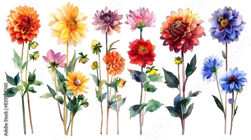 Vibrant Watercolor Dahlias in Isolated Floral Arrangement