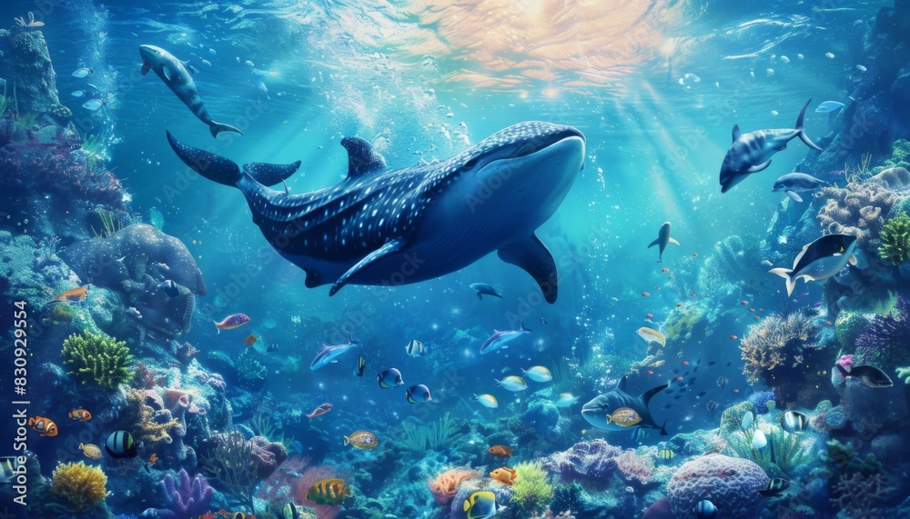 Fototapeta premium Animals of the underwater sea world. Ecosystem. Colorful tropical fish. Life in the coral reef