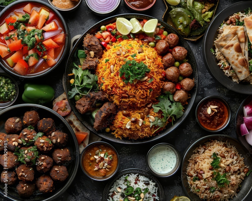 A topdown view of a halal feast, featuring dishes like biryani and falafel, beautifully presented on dark plates against a black backdrop with space for text A topdown view of a halal feast, featuring dishes like biryani and falafel, beautifully presented on dark plates against a black backdrop with space for text