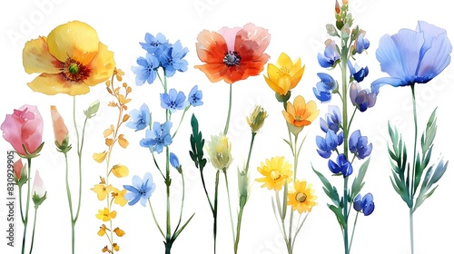 Vibrant Watercolor Floral Bouquet of Colorful Wildflowers and Blooms in Meadow Landscape © prasong.