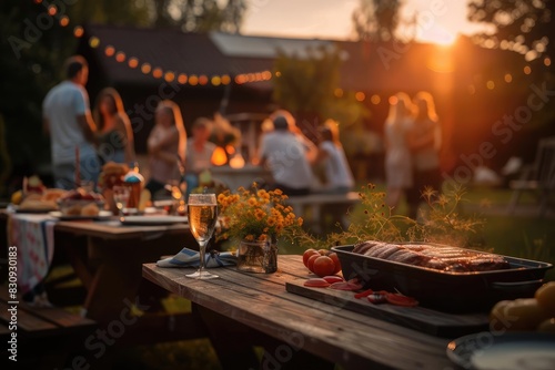 Outdoor backyard dinner party at sunset with friends, featuring a rustic table setting, food, drink, and warm ambiance.