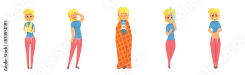Sick Woman Character Feel Unwell Look Unhappy Vector Set