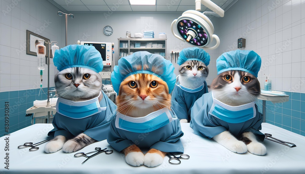 Cat Surgeons Ready for Operation with Surgical Tools, wearing blue ...