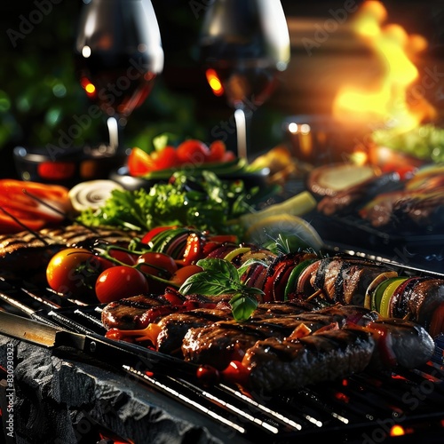 Grill sizzling with assorted vegetables and meats, accompanied by a two glasses of wine, night atmosphere and flames creating warmth.