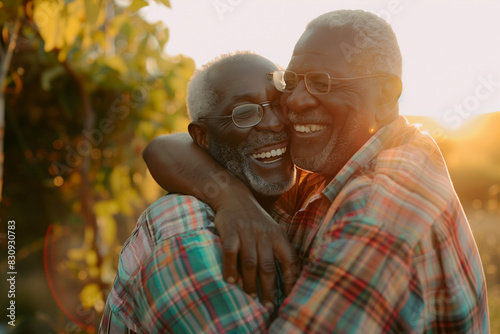 Two happy black men hugging outdoors at golden hour. Candid smiling senior african american gay couple hugging in nature photo