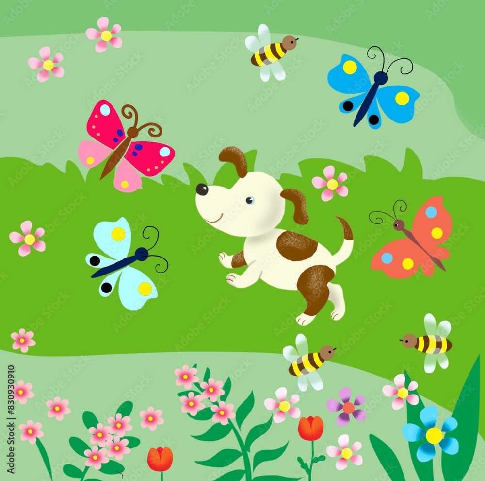 Obraz premium Floral meadow pattern with flowers and dog 