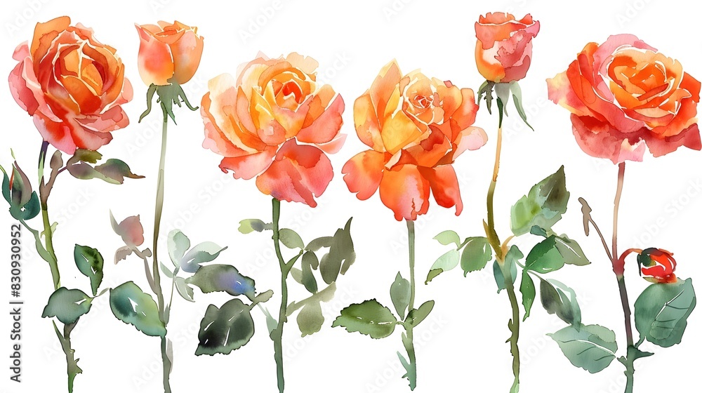 Vibrant Watercolor Painting of Blooming Summer Roses on White Background Vibrant Watercolor Painting of Blooming Summer Roses on White Background