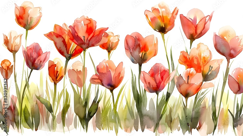 Fototapeta premium Vibrant Watercolor Painting of Flourishing Summer Tulips on White Background