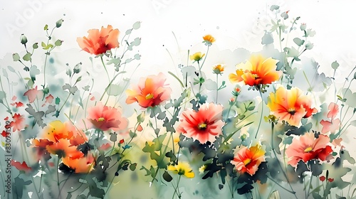 Vibrant Watercolor Painting of Lush Summer Flower Garden Blooms on Isolated White Background © prasong.