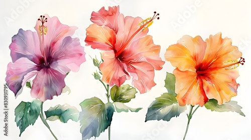 Vibrant Watercolor Painting of Tropical Hibiscus Flowers on Wet White Background