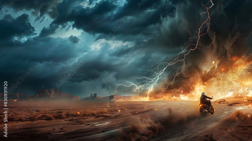 A dramatic scene with motorcycles speeding through a stormy desert landscape, lightning striking around them