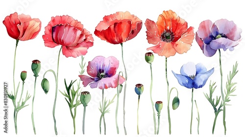 Vibrant Watercolor Paintings of Blooming Summer Flowers on a White Background