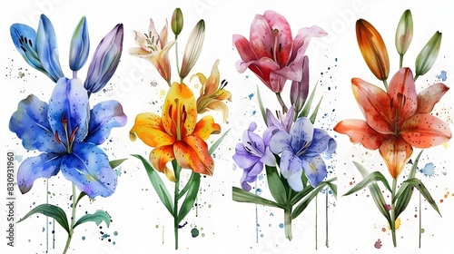 Vibrant Watercolor Paintings of Blooming Summer Flowers on White Background