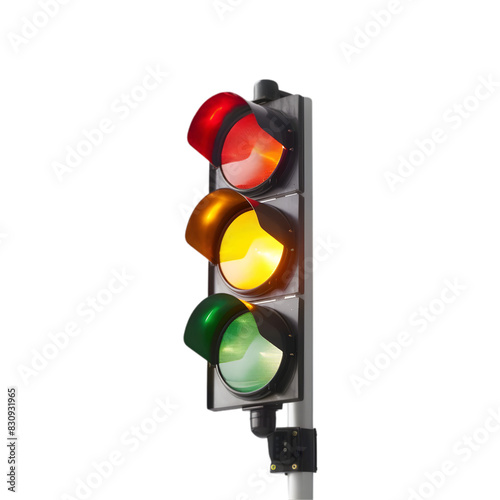 Traffic light with red, yellow and green lights turned on, on transparent background