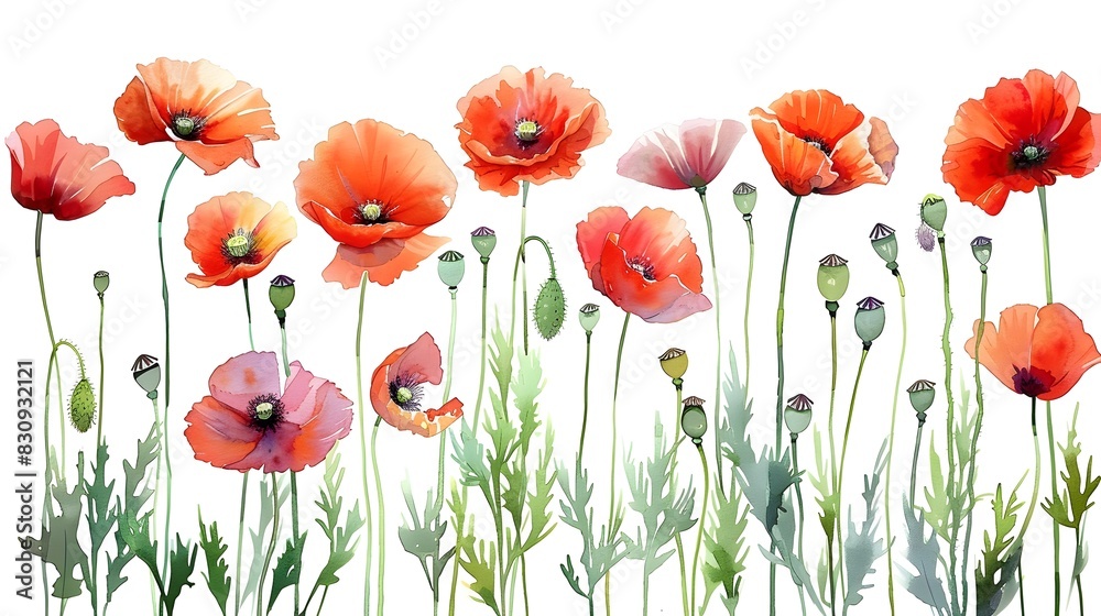 Obraz premium Vibrant Watercolor Paintings of Bold Red Poppies on Crisp White Background in Summer Garden Blooming Floral Meadow Scene