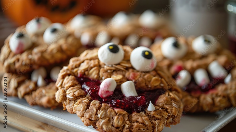 Halloween Kids Delight Monster shaped Oatmeal Cookies with Raspberry Filling and Marshmallow