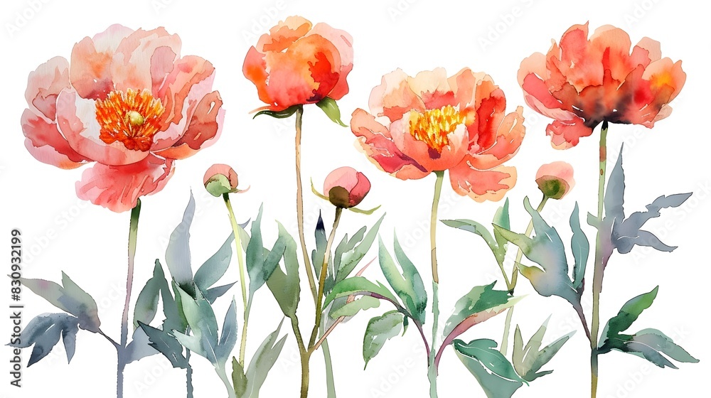Vibrant Watercolor Paintings of Delicate Summer Peonies on Wet White Background