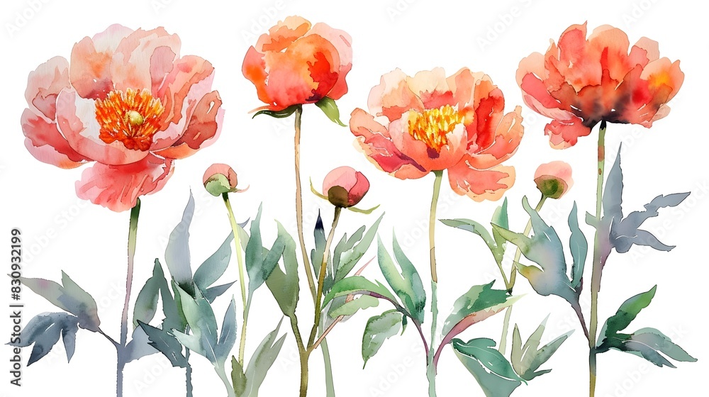 Obraz premium Vibrant Watercolor Paintings of Delicate Summer Peonies on Wet White Background