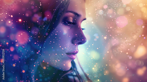 Woman in the image of a zodiac sign Virgo on blurred background photo