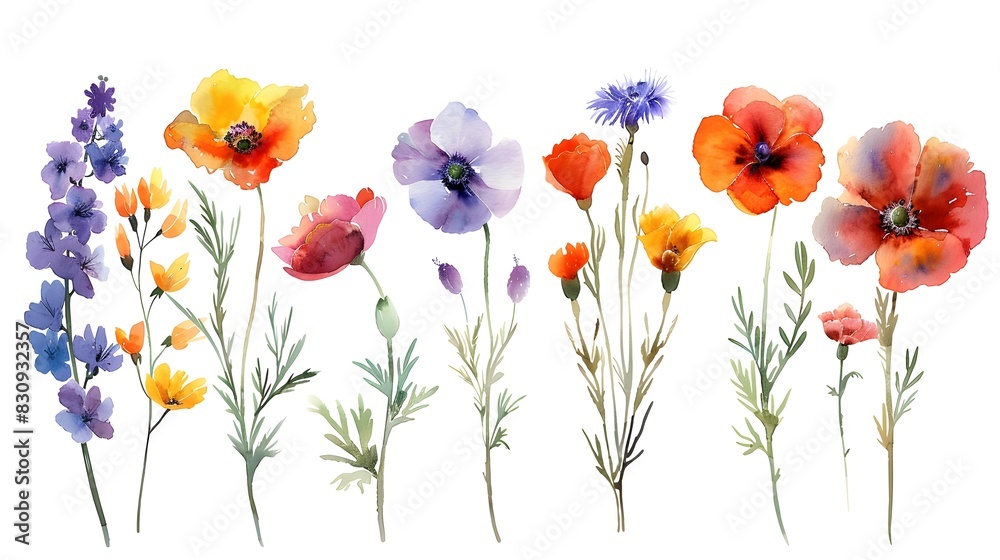 Vibrant Watercolor Paintings of Diverse Summer Wildflowers on a Pristine White Background