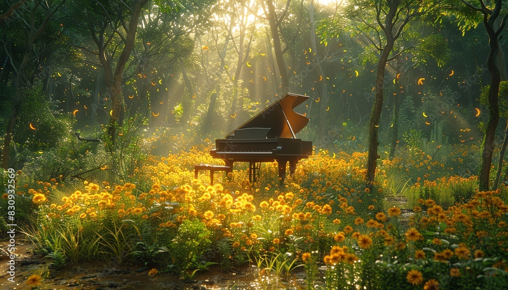 Naklejka premium A grand piano sits in a field of yellow flowers bathed in the morning sun, surrounded by lush green trees.
