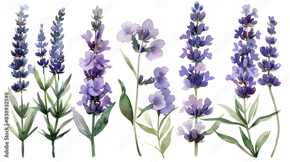 Fototapeta premium Vibrant Watercolor Paintings of Lush Lavender Flower Clusters on White Background
