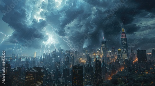 A powerful thunderstorm over a city skyline at night, with skyscrapers illuminated by frequent lightning strikes and heavy rain pouring down photo