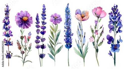 Vibrant Watercolor Paintings of Fragrant Summer Blooms on Isolated White Background