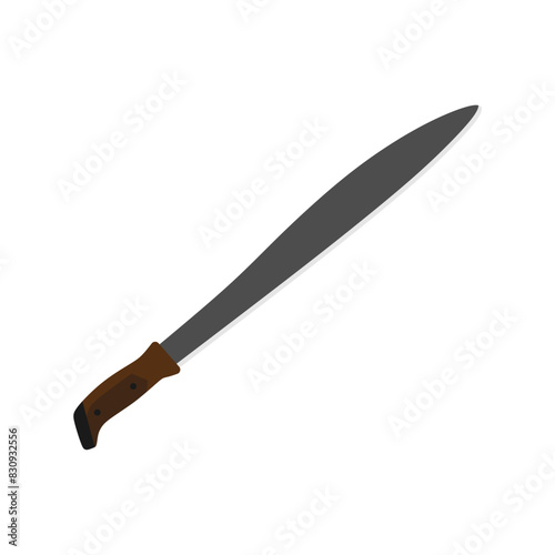 colima machete flat design illustration isolated on white background. Melee weapon of hunter in jungle. Hatchet or machete handle ancient tool for woodcutting and cutting branches by hand.