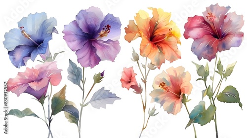 Vibrant Watercolor Paintings of Lush Hibiscus Flowers in Soft Wet Isolation on a White Background