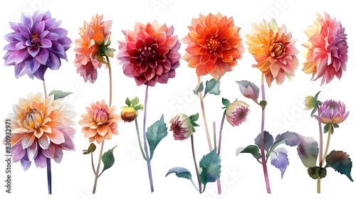 Vibrant Watercolor Paintings of Summer Dahlia Flowers on White Background