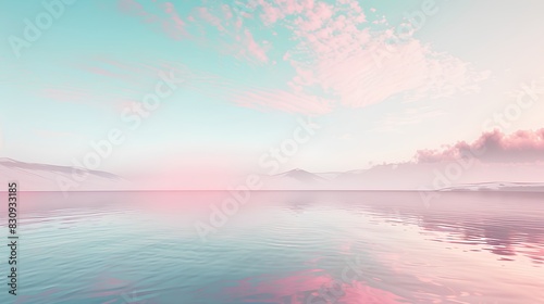 3D render in an abstract surreal style with pastel tones featuring a landscape with a gradient sky, a lake with calm water, and a simple, minimalist design