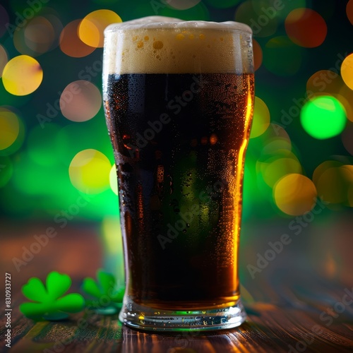 Pint of a dark colored beer on a table, saint patricks day party background, picon beer, generated with AI