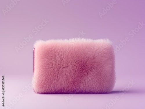 Pink fluffy wallet stands straight on a lilac background, generated with AI