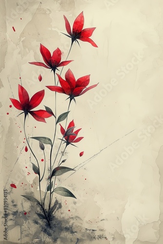 Red Flowers Painting on White Background photo