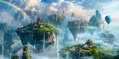 Renderizado 3D de un Mundo de Fantasía con Islas Flotantes, Rocas Musgosas, Cascadas y Arcoíris: Paisaje Onírico con Globos Aerostáticos y Arquitectura China Antigua
