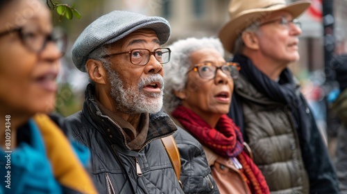 A multi-racial group of older adults explore a historic city center on a walking tour. They wear comfortable shoes and listen attentively to their guide, who points out landmarks.