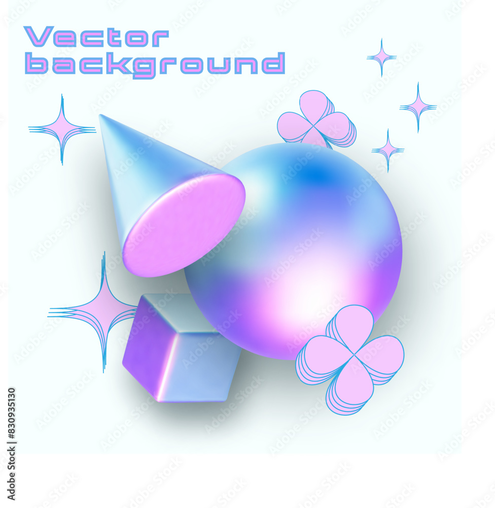 3d holographic geometric shapes isolated. Render of 3d neon iridescent geometric shapes with rainbow effect. 3d vector hologram set