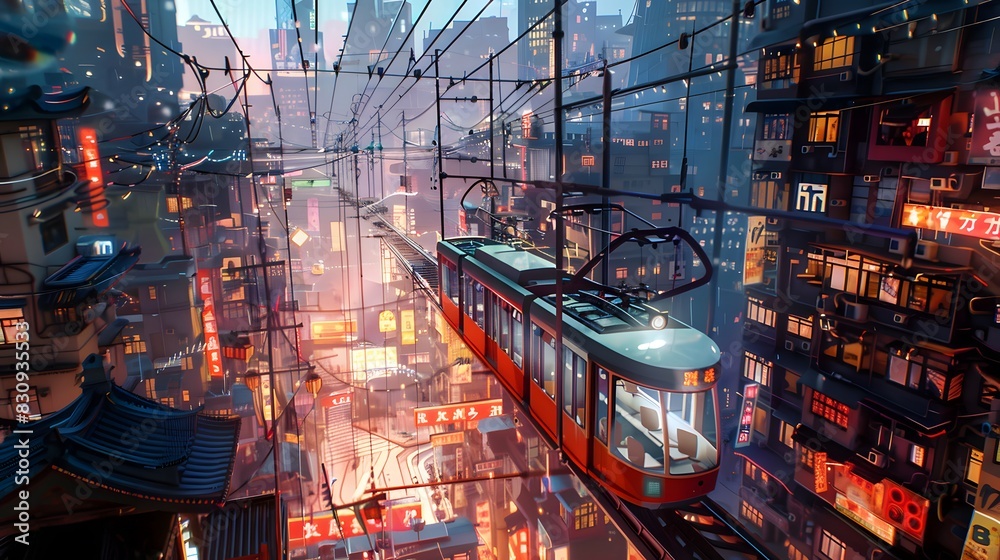A chaotic network of trams crisscrossing a vibrant cityscape, suspended in mid-air on invisible tracks